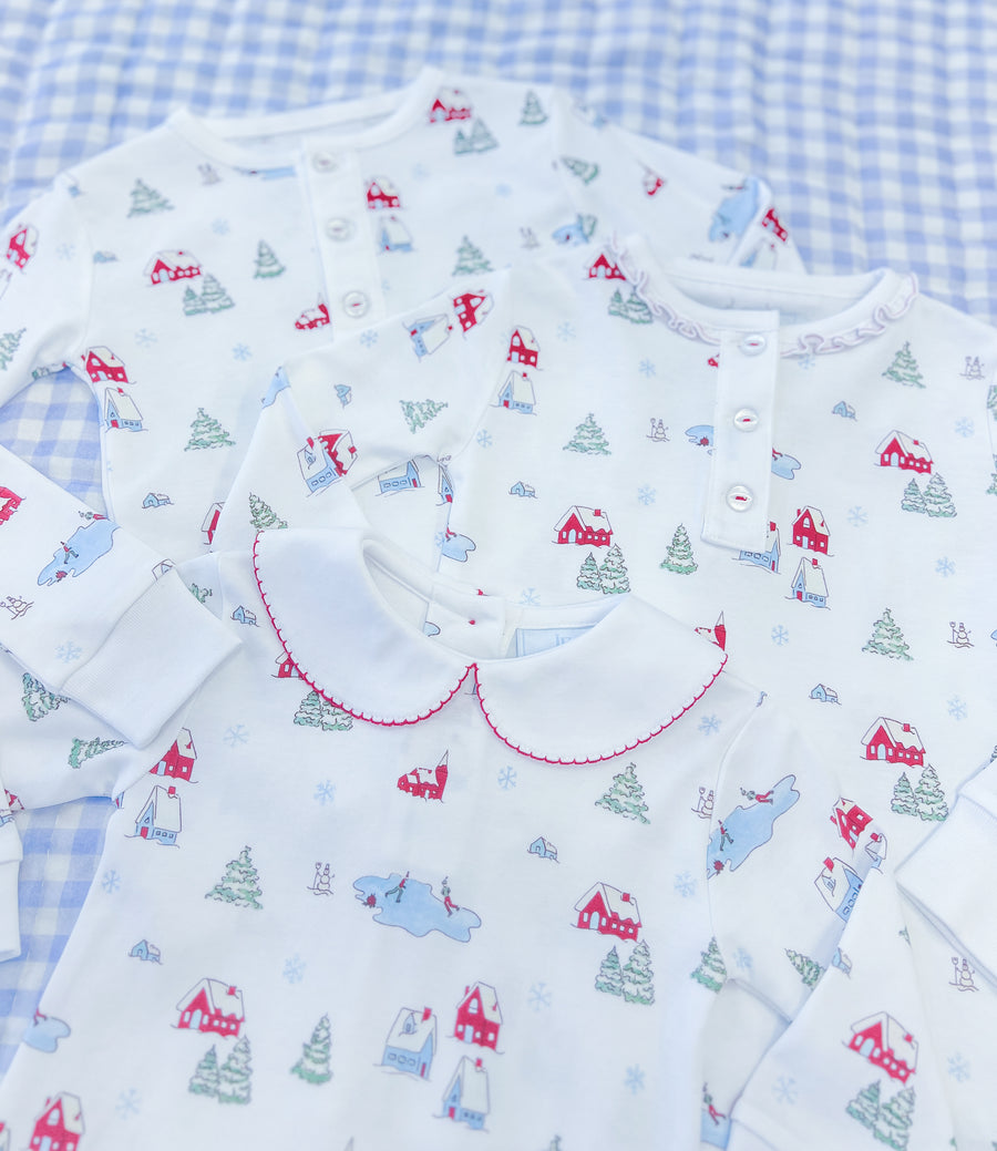 Little English traditional children's clothing, printed playsuit in Christmas Village pattern for baby