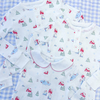 Little English traditional children's clothing, printed playsuit in Christmas Village pattern for baby