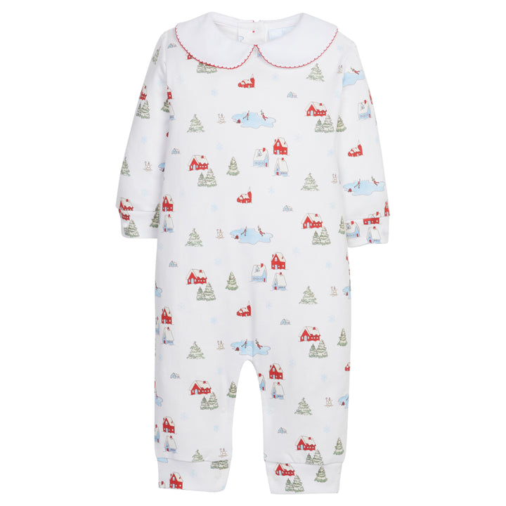 Little English traditional children's clothing, printed playsuit in Christmas Village pattern for baby