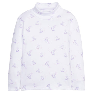 Little English traditional children's clothing. White cotton turtleneck with ice skate print for girls for Fall