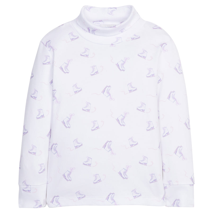 Little English traditional children's clothing. White cotton turtleneck with ice skate print for girls for Fall