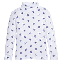 Little English traditional children's clothing.  White cotton turtleneck with navy bow print for girls for Fall