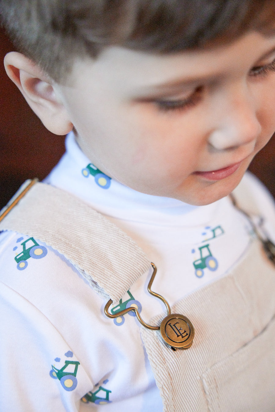 printed turtleneck with blue and green tractors , Little English classic boy's turtleneck