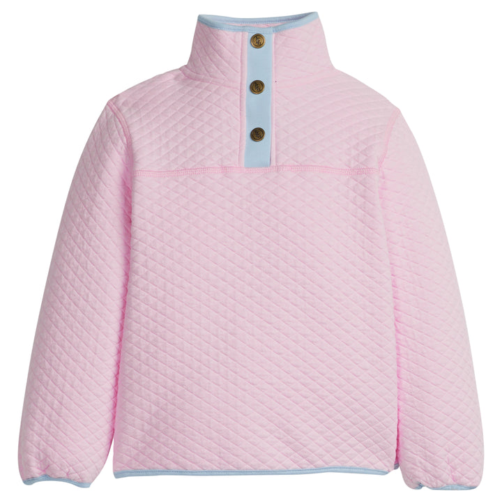 Little English traditional children's clothing.  Comfy light pink quilted pullover with light blue trim for girls for Fall