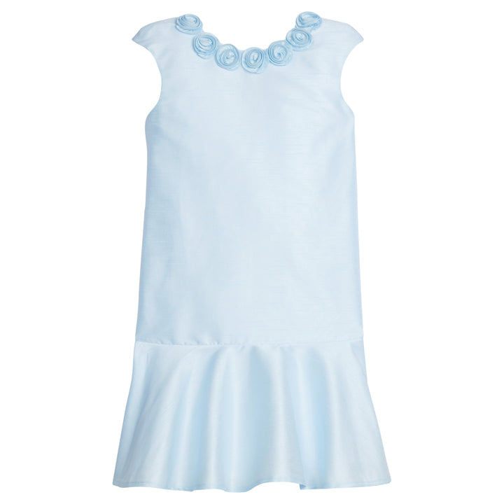 Little English traditional children's clothing, Rosette Dress in light blue with rose details around neckline for little girl