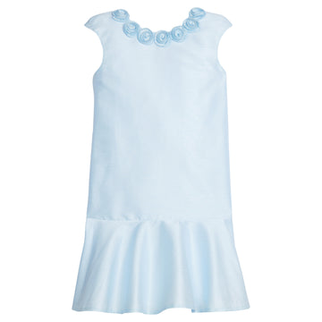 Little English traditional children's clothing, Rosette Dress in light blue with rose details around neckline for little girl