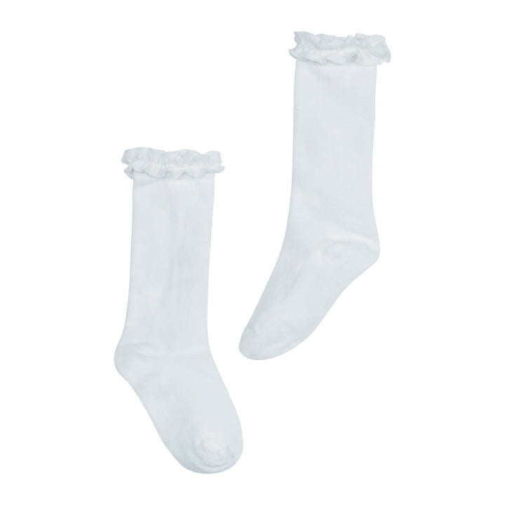 Little English traditional children's clothing.  Ivory knee high socks with ruffle trim for girls