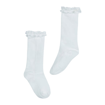 Little English traditional children's clothing.  Ivory knee high socks with ruffle trim for girls