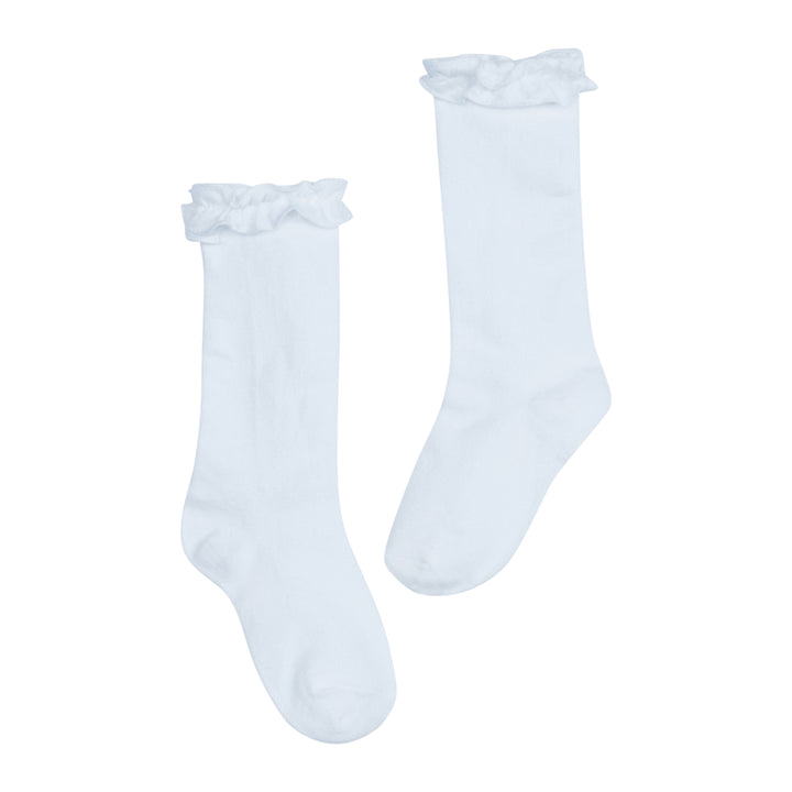 Little English traditional children's clothing.  White knee high socks with ruffle trim for girls