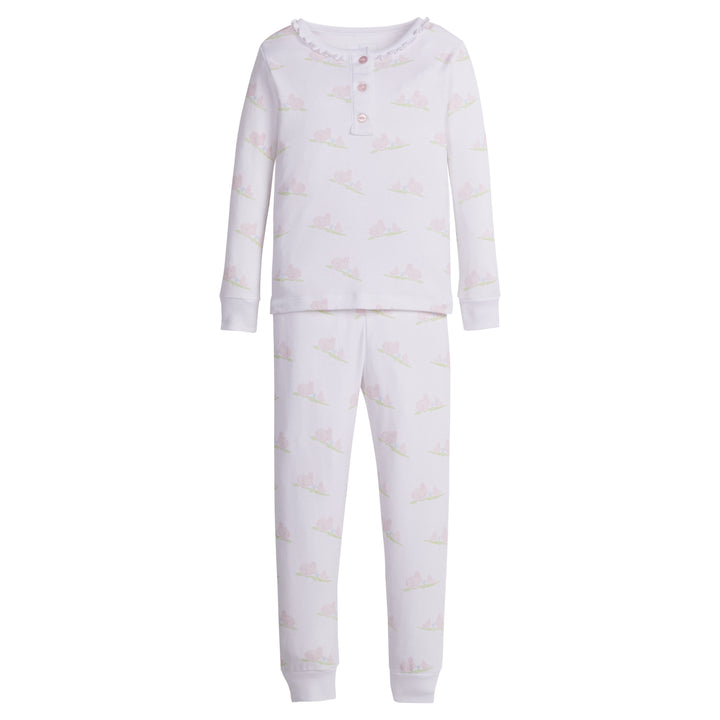 Little English traditional children's clothing.  Pink bunny print knit pajamas for little girls. Easter jammies for girls