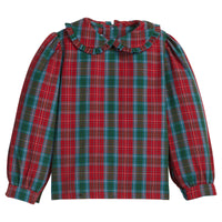 Little English traditional children's clothing. Red and green plaid blouse with ruffled peter pan collar for girls for Fall.  Holiday tartan plaid top for girls