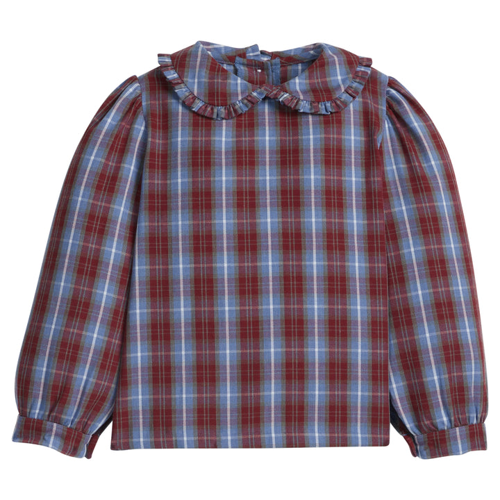 Little English traditional children's clothing. Ruffled peter pan blouse in blue and maroon plaid for girls for Fall