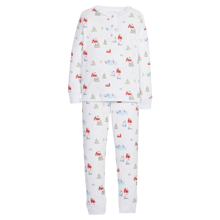 Little English traditional children's clothing, Ruffled printed Jammies in Christmas Village pattern, for little girl