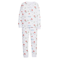 Little English traditional children's clothing, Ruffled printed Jammies in Christmas Village pattern, for little girl