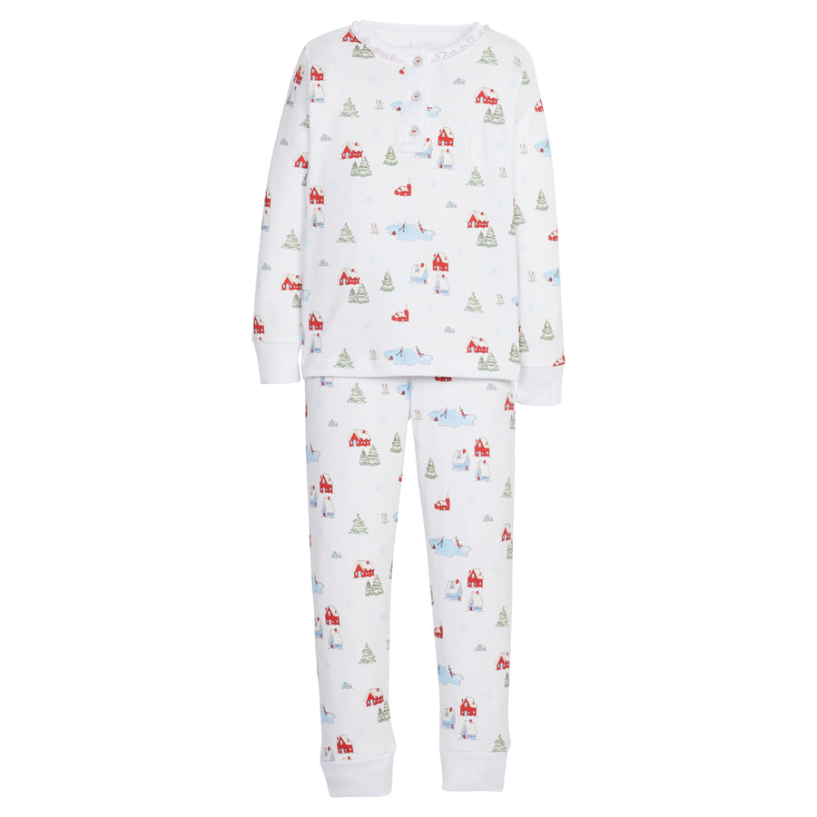 Little English traditional children's clothing, Ruffled printed Jammies in Christmas Village pattern, for little girl