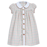 Little English traditional children's clothing.  Tattersall print dress with thanksgiving motifs for little girl