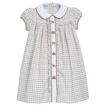 Little English traditional children's clothing.  Tattersall print dress with thanksgiving motifs for little girl