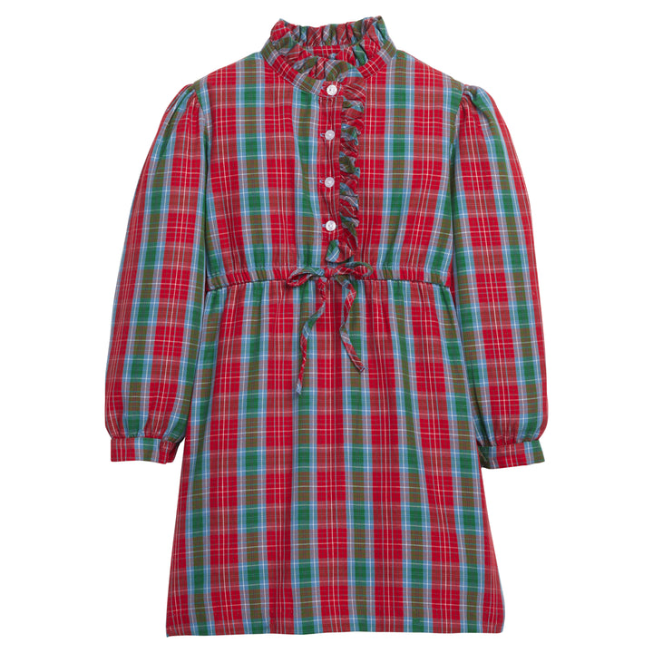 Little English traditional children's clothing, Ruffled Shirt Dress in red, green, and blue Highlands Tartan with ruffled neckline and long sleeves, for little girl