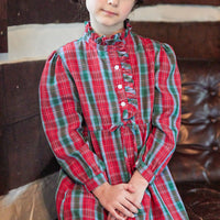 Little English traditional children's clothing, Ruffled Shirt Dress in red, green, and blue Highlands Tartan with ruffled neckline and long sleeves, for little girl