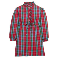 Little English traditional children's clothing, Ruffled Shirt Dress in red, green, and blue Highlands Tartan with ruffled neckline and long sleeves, for little girl