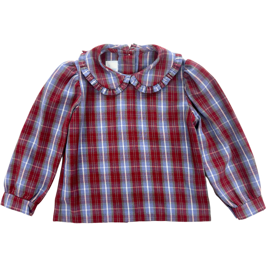 Little English traditional children's clothing. Ruffled peter pan blouse in blue and maroon plaid for girls for Fall