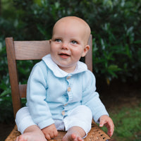 Little English sailboat crochet sweater with wood buttons for baby