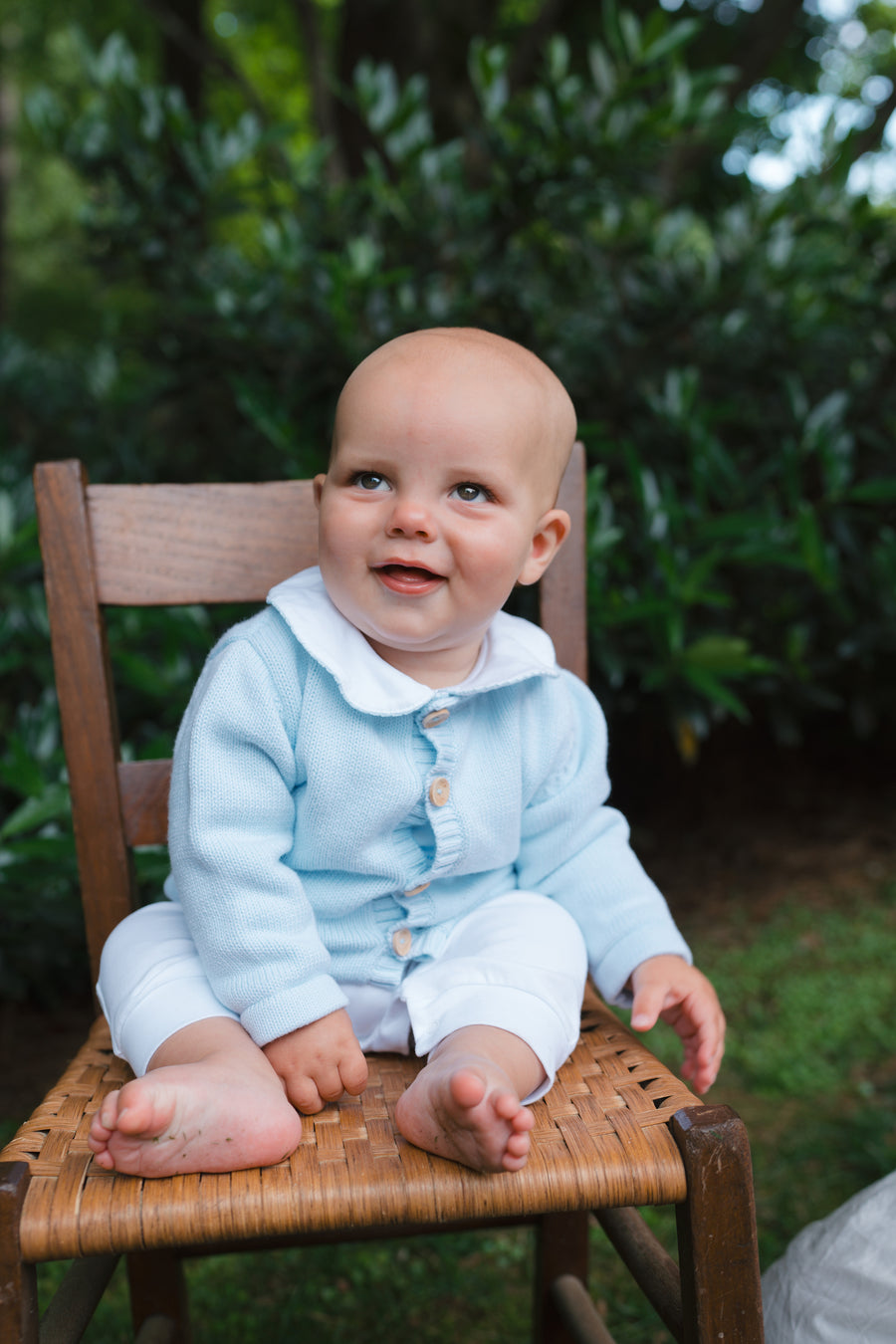 Little English sailboat crochet sweater with wood buttons for baby