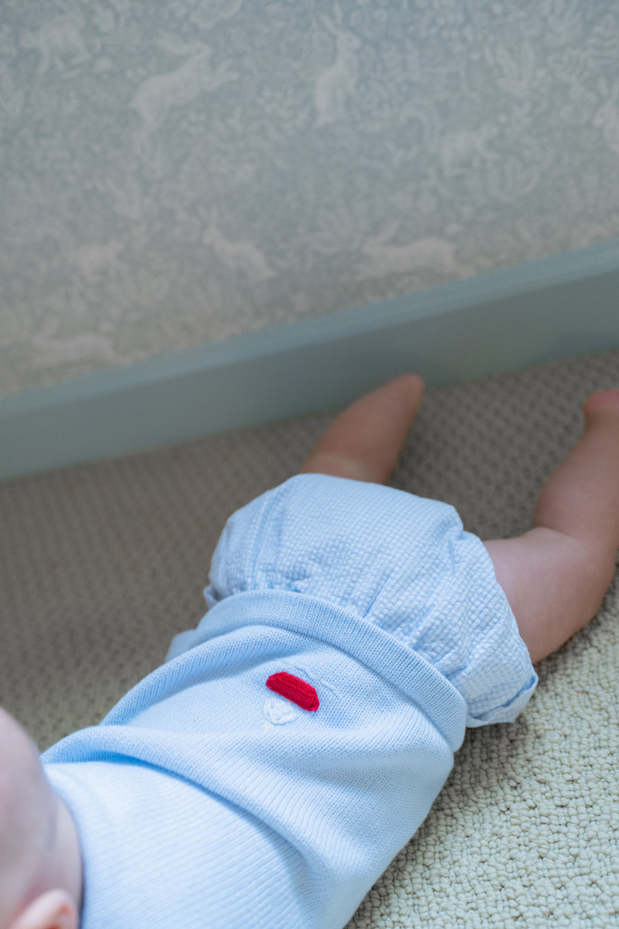 Little English sailboat crochet sweater with wood buttons for baby