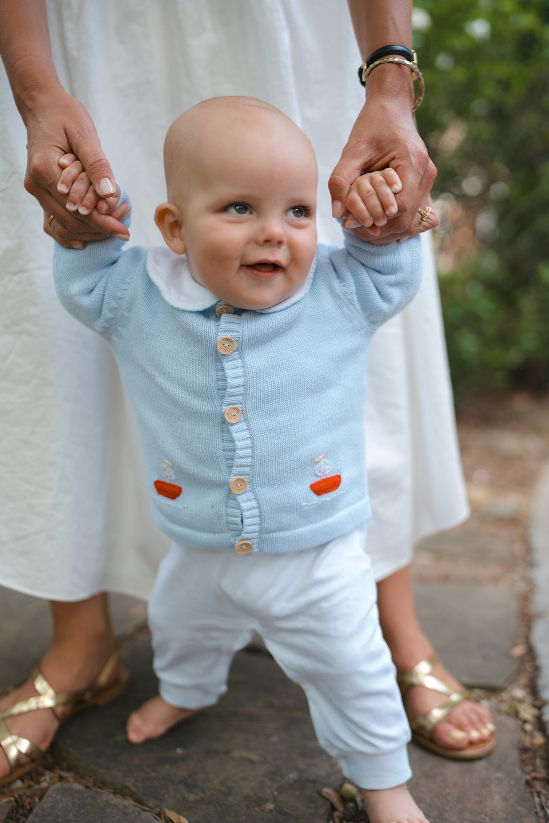 Little English sailboat crochet sweater with wood buttons for baby