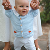 Little English sailboat crochet sweater with wood buttons for baby