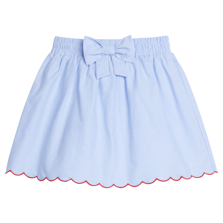 Little English traditional children's clothing. Light blue chambray skirt for older girl.  Back to school scallop-edged skirt trimmed in red for fall.