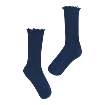 Little English traditional childrens clothing, dressy sock for girl's with ruffle edge, navy ribbed tall sock