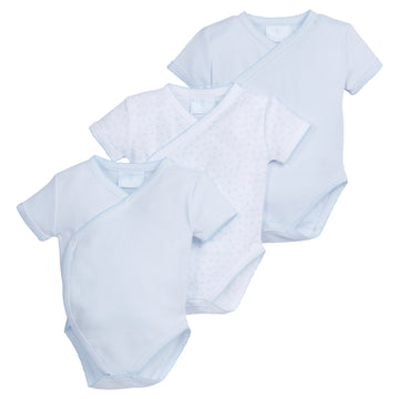 Little English traditional children's clothing. Set of 3 knit onesies in light blue for baby boy