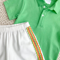Little English x Mi Golondrina white twill basic short with multicolored fiesta embroidery, elastic waist short for boys