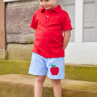 Little English traditional children's clothing. Light blue chambray basic short for little boy . Back to school shorts with red apple applique for fall. Paired with our red short sleeve polo.