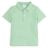 Little English classic boy's polo for spring, traditional short sleeve soft cotton polo in green stripe