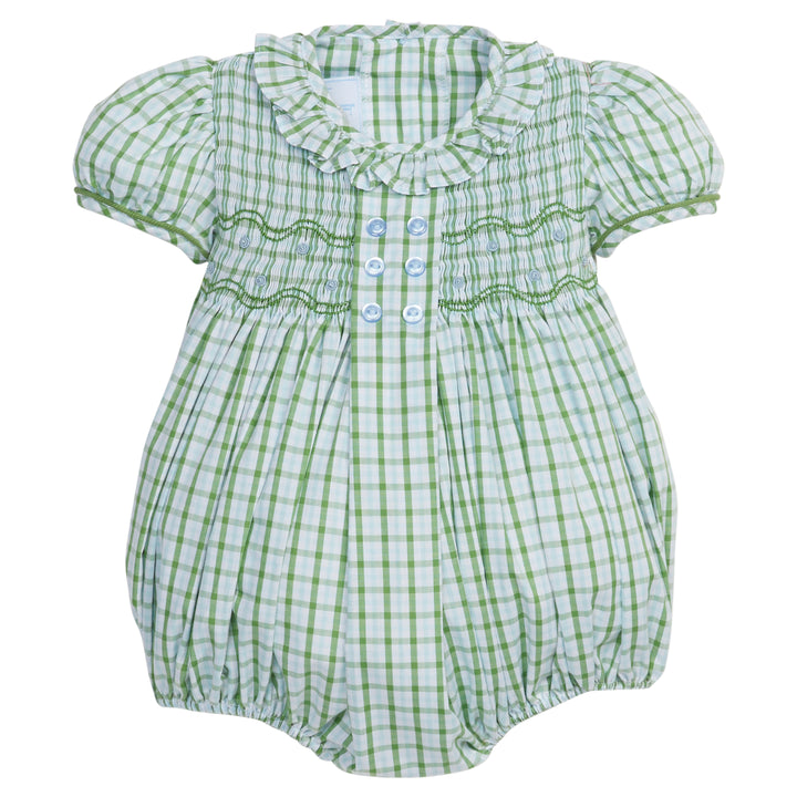 Little English traditional children's clothing, baby girl's classic light green plaid smocked bubble for Spring with puff sleeves and peter pan collar