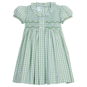 Little English traditional children's clothing, girl's classic light green plaid smocked dress for Spring with puff sleeves and peter pan collar