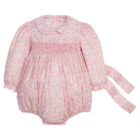 Little English traditional children's clothing.  Smocked pink floral bubble for baby girls for fall