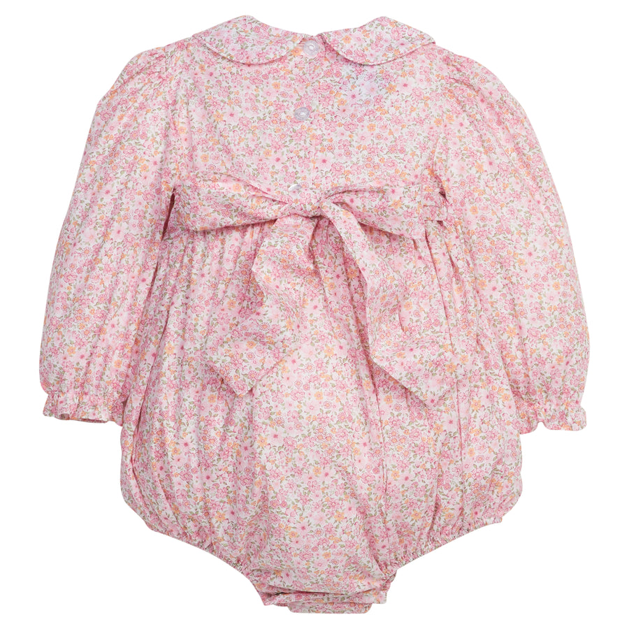 Little English traditional children's clothing.  Smocked pink floral bubble for baby girls for fall