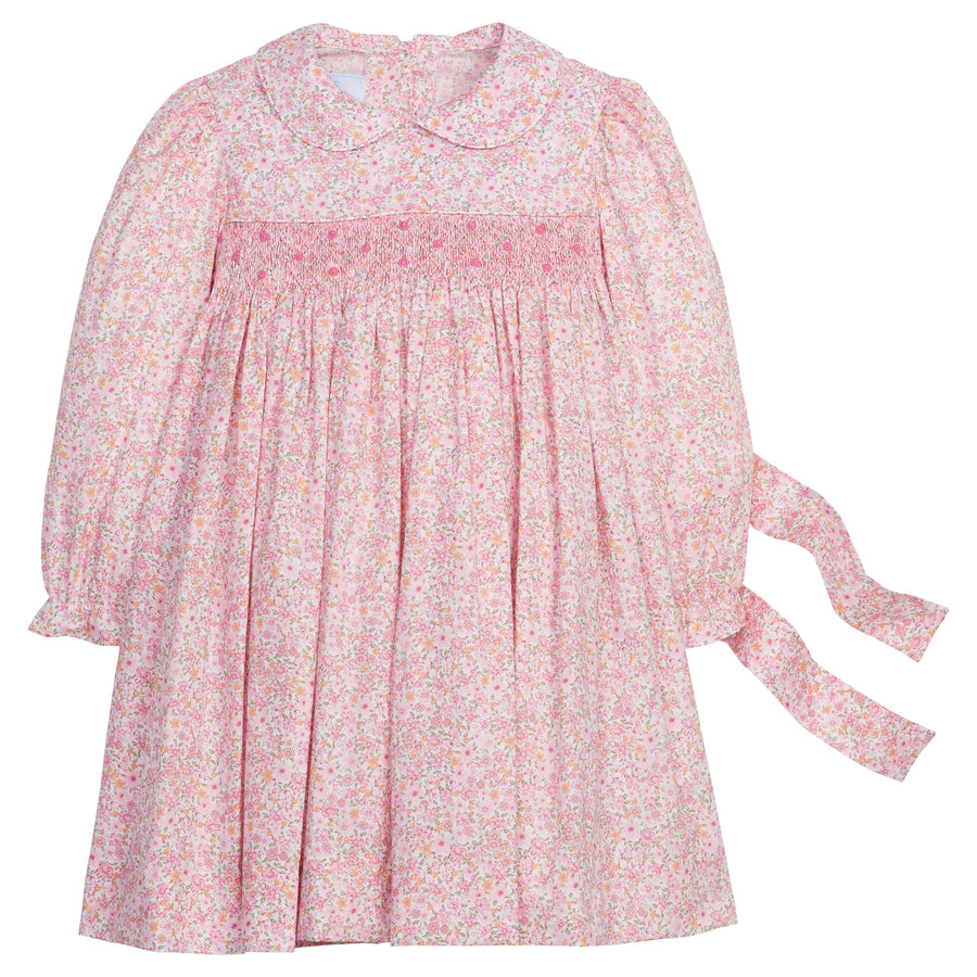 Little English traditional children's clothing.  Smocked pink floral dress for girls for fall