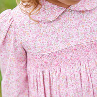 Little English traditional children's clothing.  Smocked pink floral dress for girls for fall