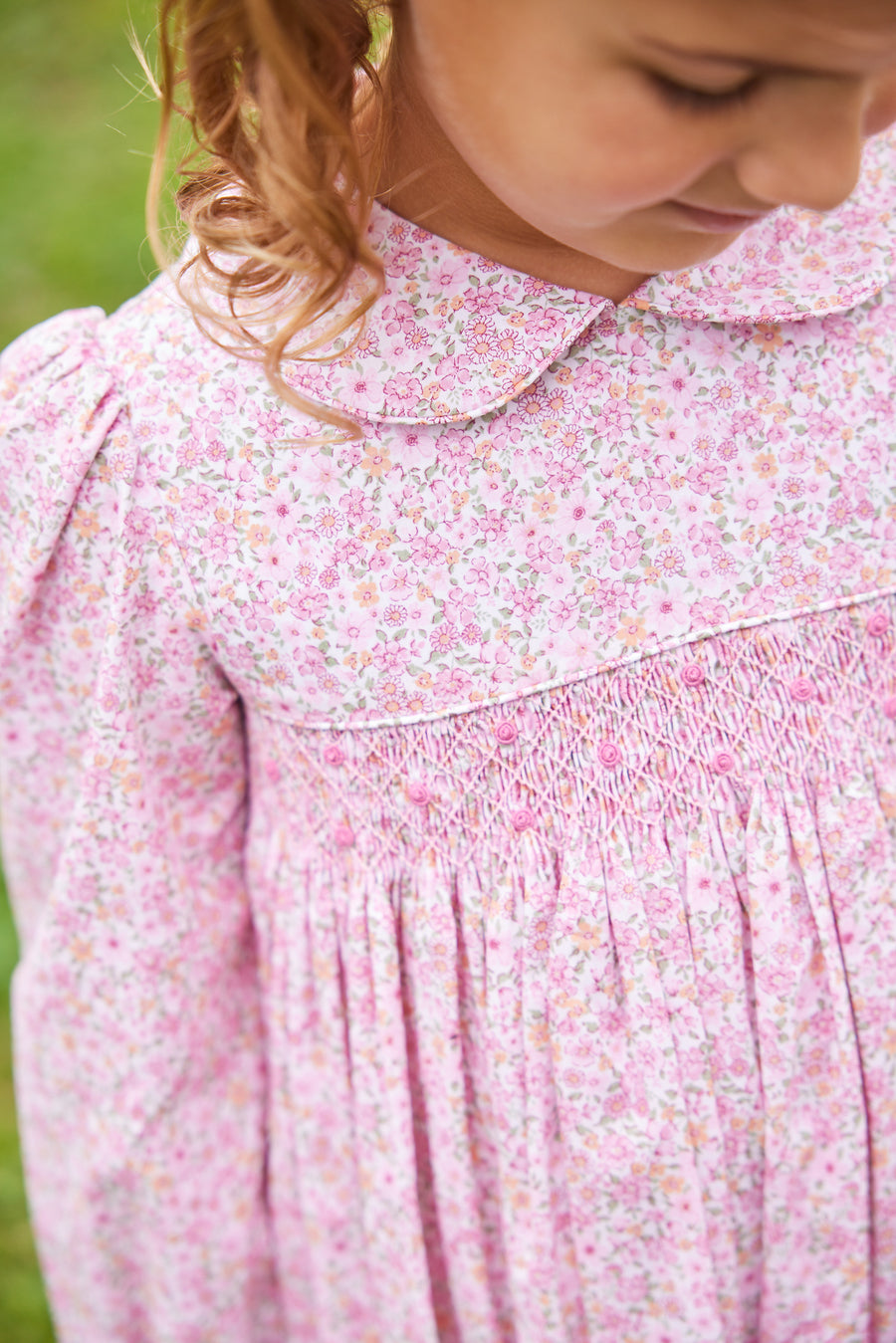 Little English traditional children's clothing.  Smocked pink floral dress for girls for fall