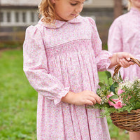 Little English traditional children's clothing.  Smocked pink floral dress for girls for fall