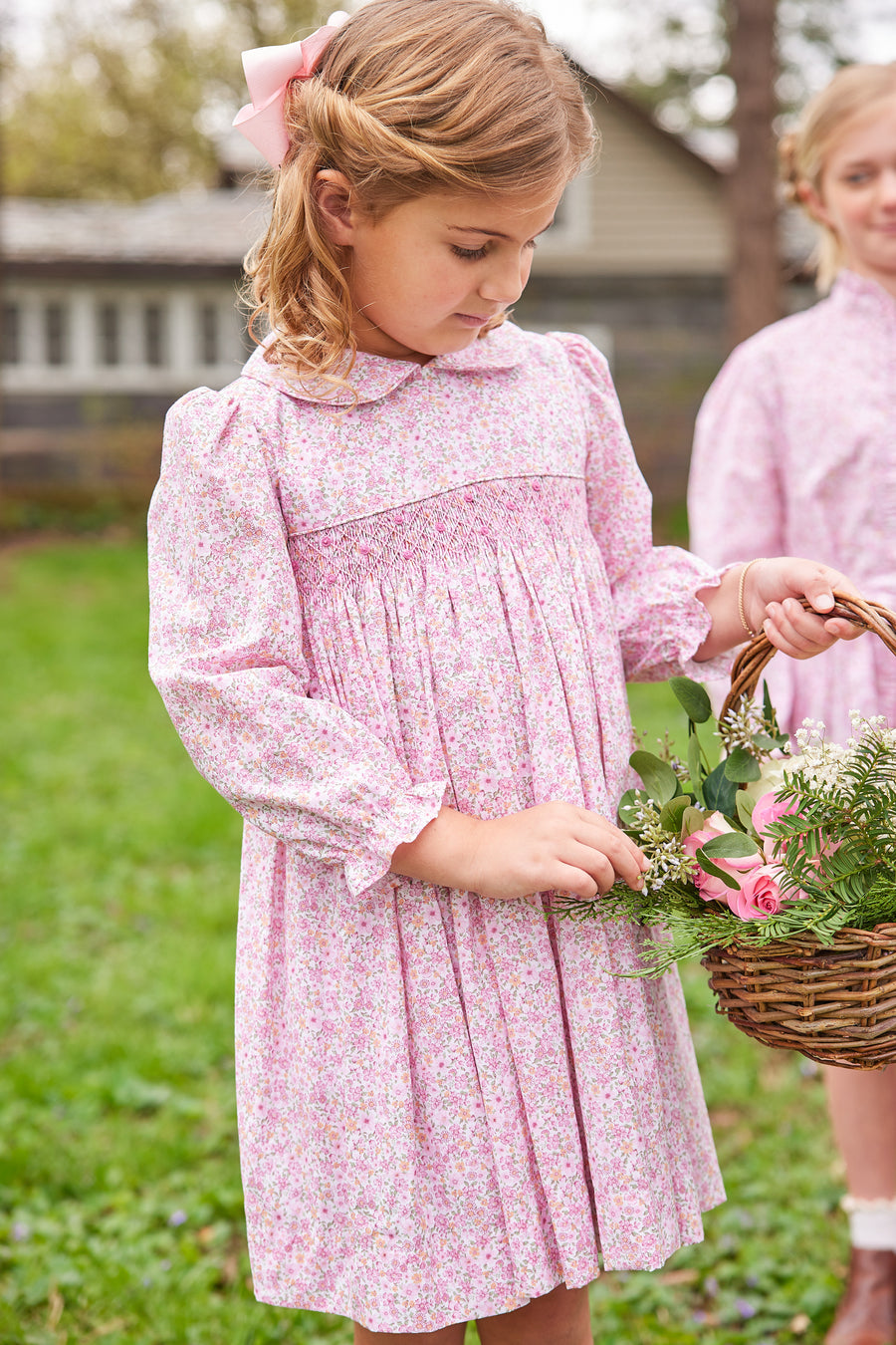 Little English traditional children's clothing.  Smocked pink floral dress for girls for fall