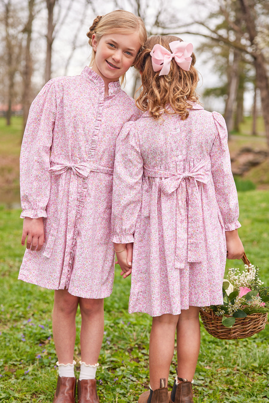 Little English traditional children's clothing.  Smocked pink floral dress for girls for fall