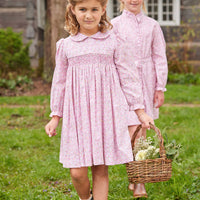 Little English traditional children's clothing.  Smocked pink floral dress for girls for fall