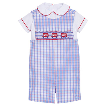 Little English traditional children's clothing.  Holiday peter pan shirt and shortall set. Blue and red plaid shortall with smocking and red double decker bus detailing