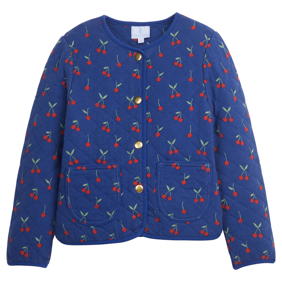 Little English traditional children's clothing.  Blue quilted jacket with cherry print for girls for Fall