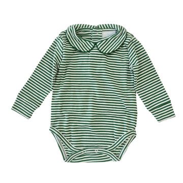 little english classic childrens clothing striped hunter green long sleeve onesie with peter pan collar